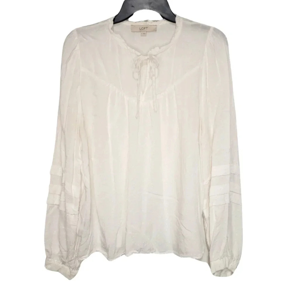 LOFT White Tie-Collar Business Casual Long Sleeve Top Women's Size Large